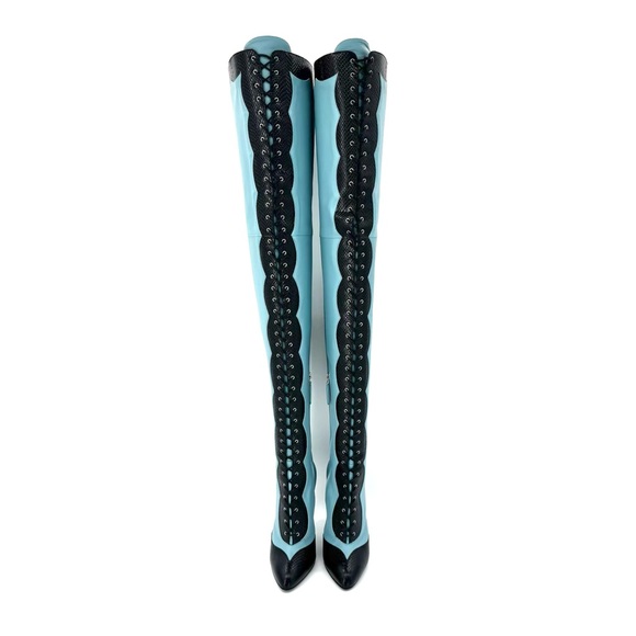 Gucci Harriet Thigh High Snake Emboss Dusty Azure Pointed Toe Heeled Boots 38 - Picture 6 of 11